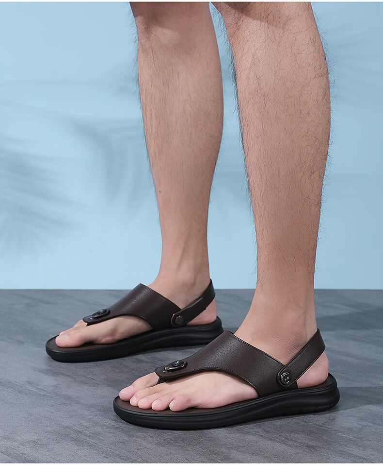 RED DRAGONFLY Leather Sandals for Men, Summer Breathable Thong Sandals, Cowhide Beach Shoes for Men, WLT240141, Black, Size 38 6