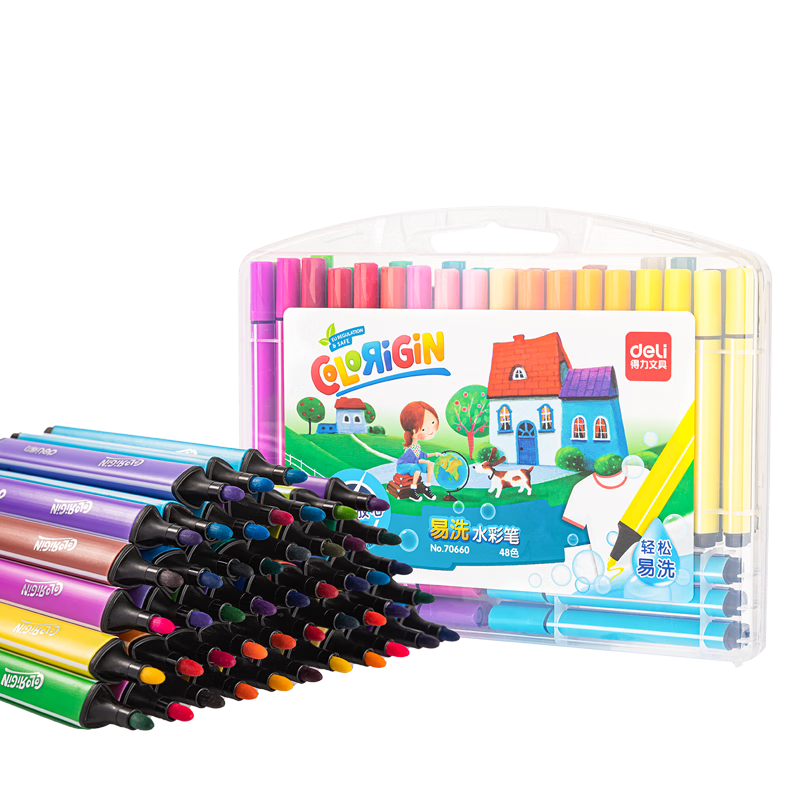 Deli Washable 48-Color Watercolor Markers, Triangular Handle for Students, Children's Art Drawing Outline Markers, Thick Triangular Handle Easy-Grip Watercolor Pens, Graduation Gift for Boys And Girls