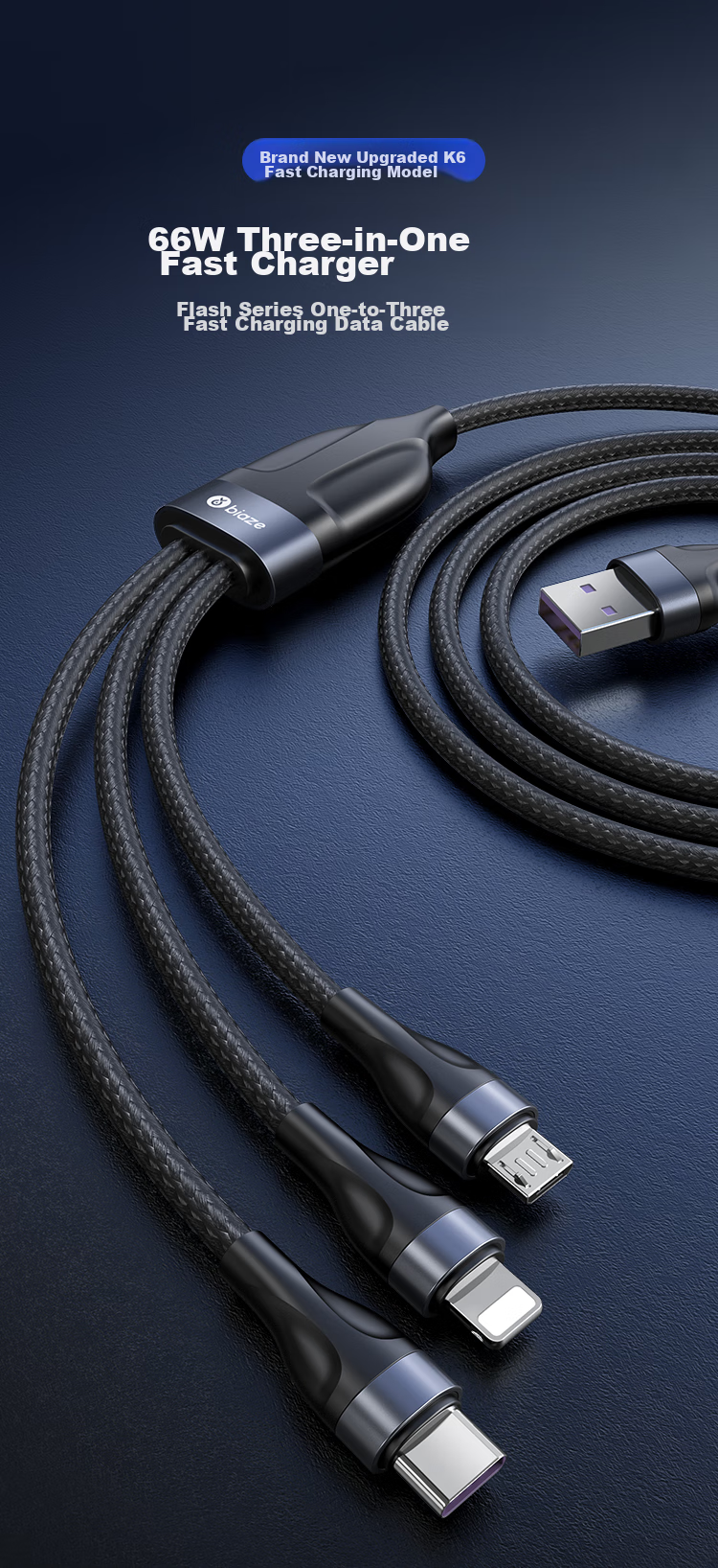 BIAZE Three-In Data Cable, Type-C Fast Charging Cable 100W, Three-In Charging Cable for Car Use, Compatible with Apple IPhone 18/17/16/15/14/13, Huawei, Xiaomi, Android Phones 1