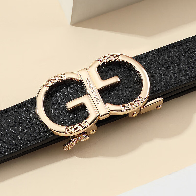CROCODILE Top-Grain Leather Fashion Belt for Women, Automatic Buckle, Exquisite And Minimalist Waist Belt T3797 Black Gift Box Set