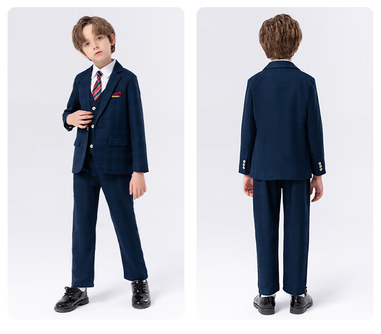 LUOBOBEIBEI Boys' Suit Spring Formal Wear Set, Children's Stylish Small Suit, Piano Greeting Outfit, Blue Plaid Five-Piece Set, Size 120 5
