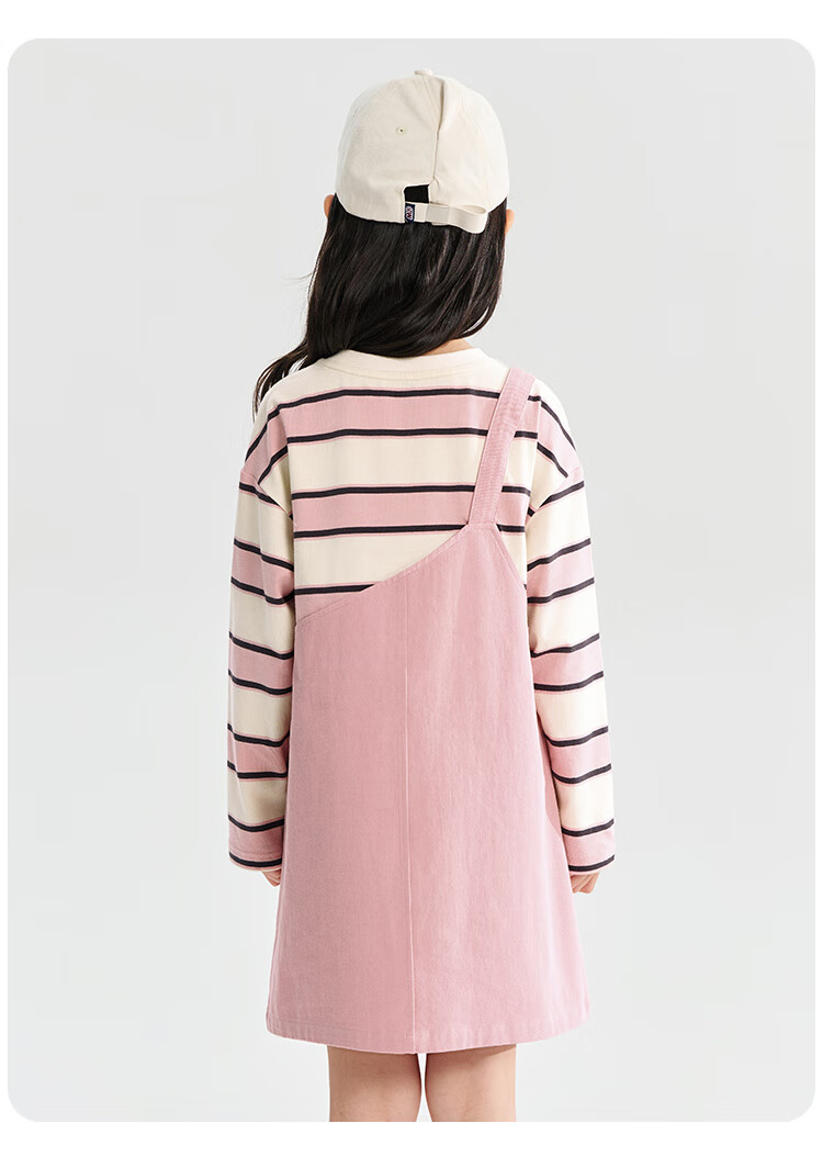 QQ DUCK Children's Clothing, Girls' Dress, Autumn 2026, Striped Suspender Dress with Fake Two-Piece Design, Stylish Student Outfit, Pink, Size 130 11