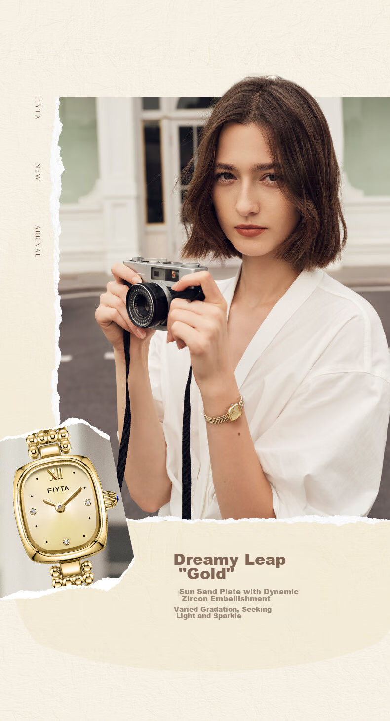 FIYTA "Little Gold Watch" PLUS Edition Gold Dial Bamboo Link Vintage Women's Watch Birthday Holiday Gift for Her 5