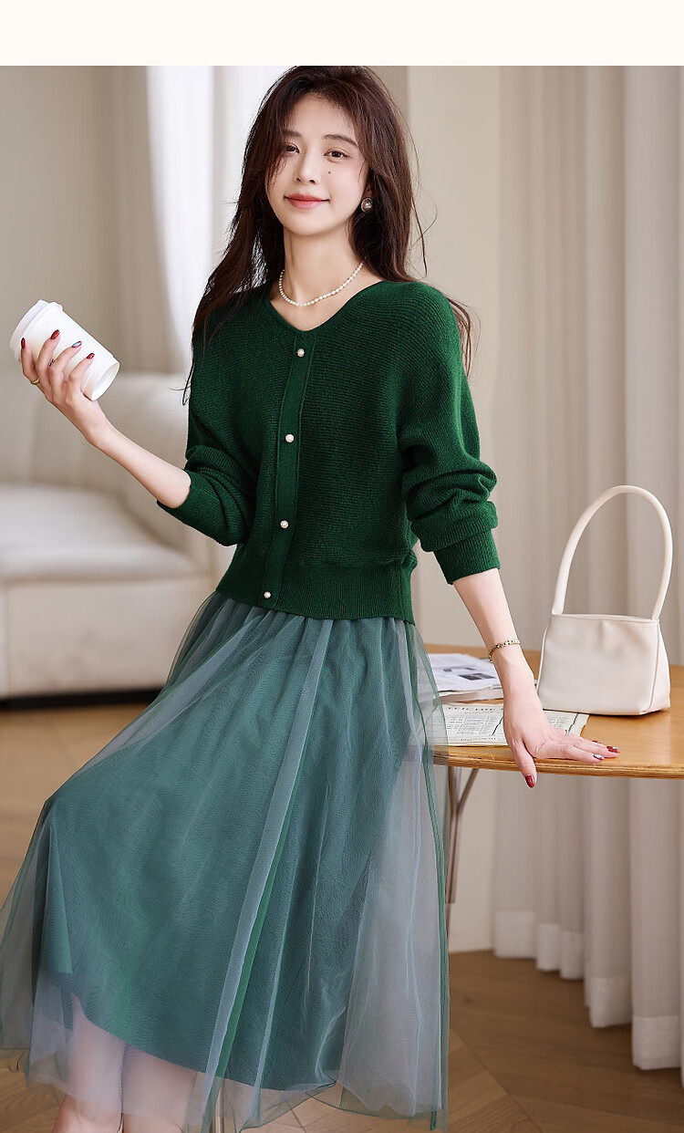 DME Ballet Style Set Spring Autumn Round Neck High Elastic Knit Sweater Mesh Slip Dress Flowing Two-Piece Set Women Black L 6
