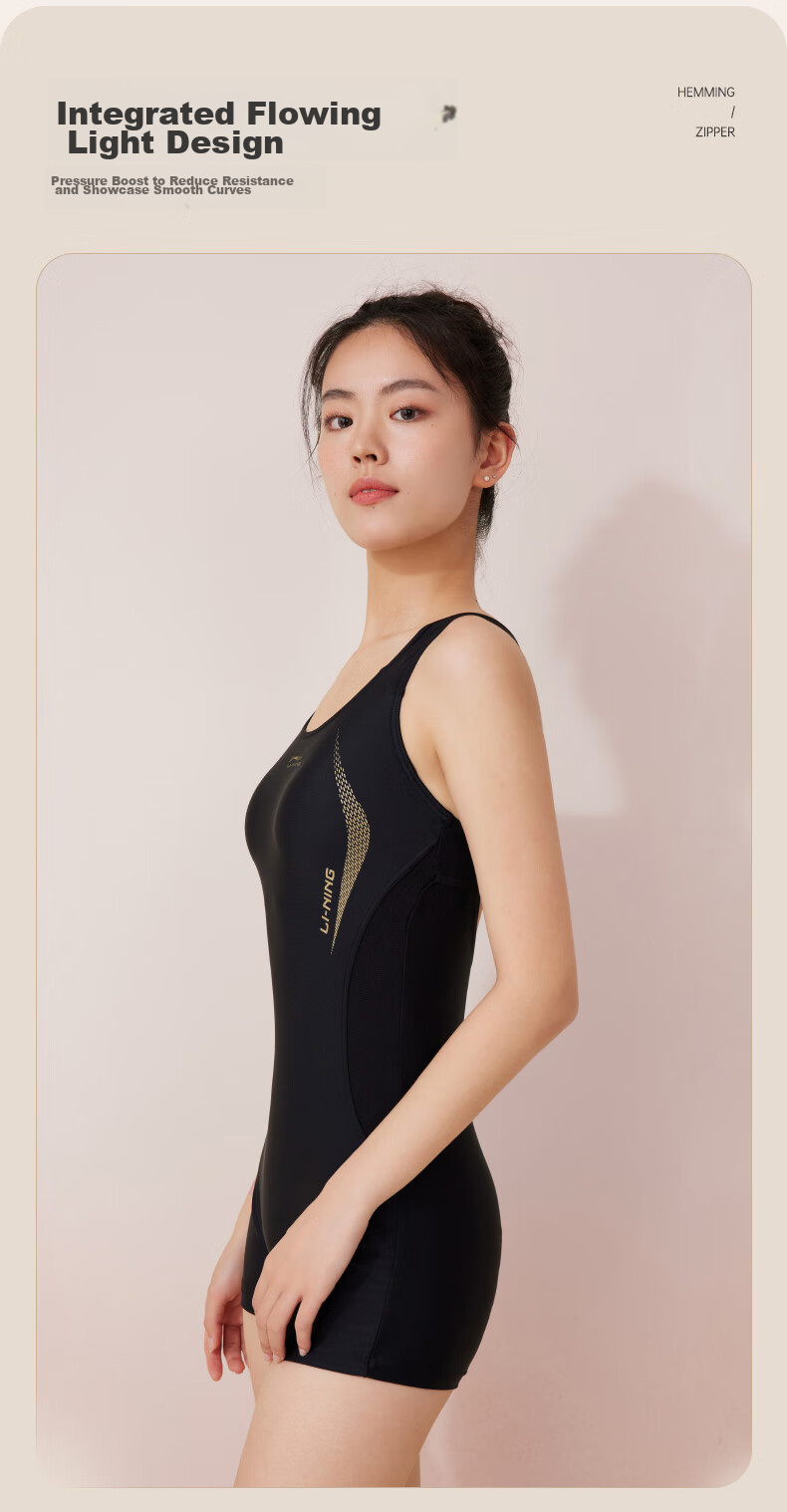 Li-Ning Women's Swimsuit, Professional Training One-Piece Boyleg Swimwear, Fashionable Plus-Size Swimsuit 011 Black Gold XL 5