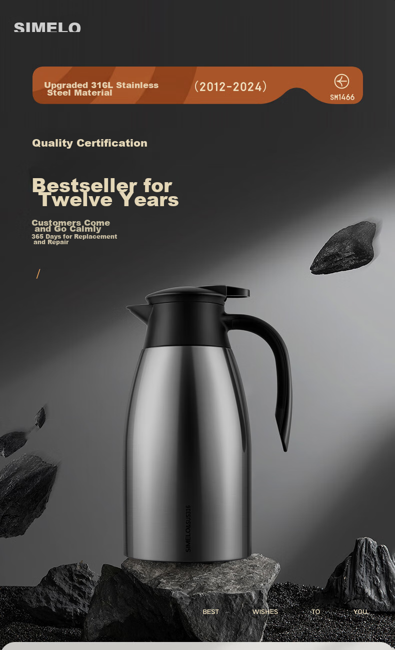 SIMELO Insulated Thermos, Large Capacity Household Use, 316 Stainless Steel Inner Liner, Hot Water Kettle, Warm Water Bottle, Thermos Flask, 2.0L, Yingbin Elegant White 1