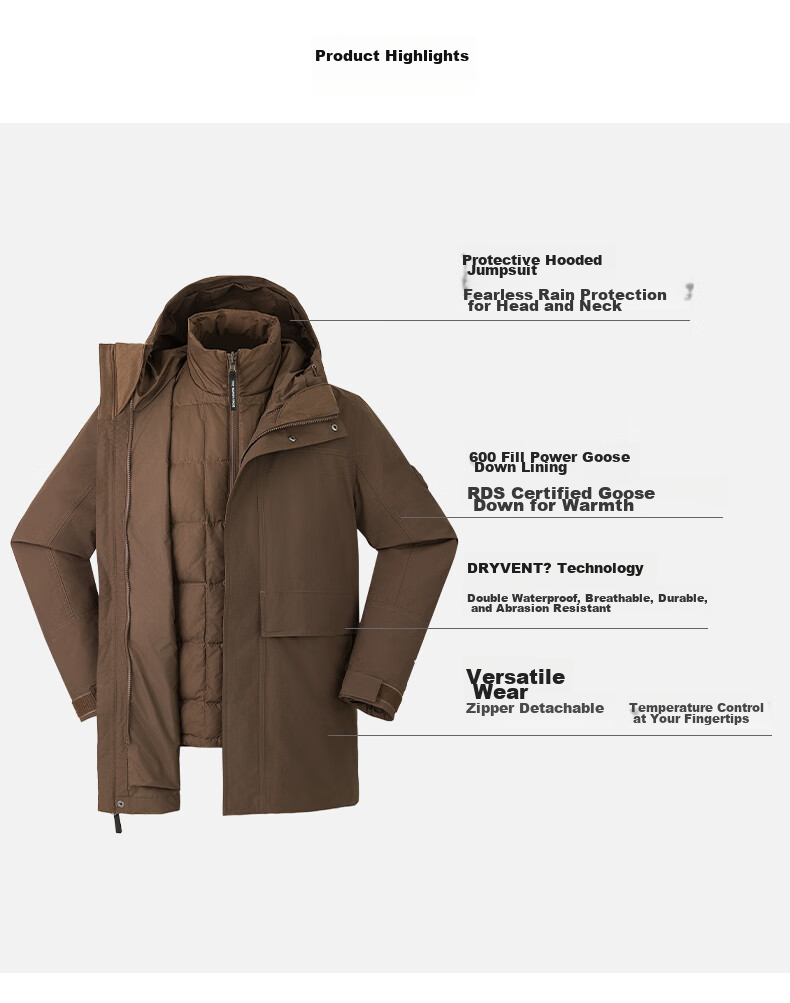 The North Face Men's Outdoor Warm down Jacket with Inner Fleece Liner, Three-In Windbreaker 89Z2 Brown/1OI Size L 2