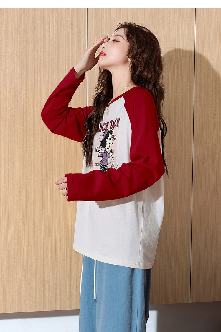 TonLion Autumn And Winter Long-Sleeve T-Shirt for Women, Wearable As Outerwear, Knitted Front Chest Cartoon Photo Raglan Long-Sleeve T-Shirt, Women's Clothing with A High-End Feel 8