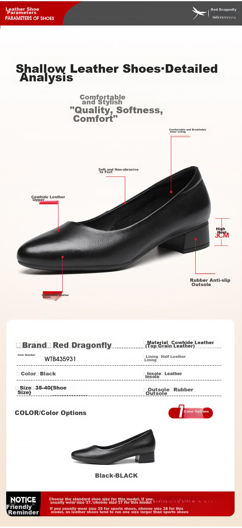 RED DRAGONFLY Women's Single Shoes with Chunky Heel, Shallow Mouth, Mid-Heel, Commuter Style Slip-On Shoes, Height-Increasing Slimming Leather Shoes WTB435931 4