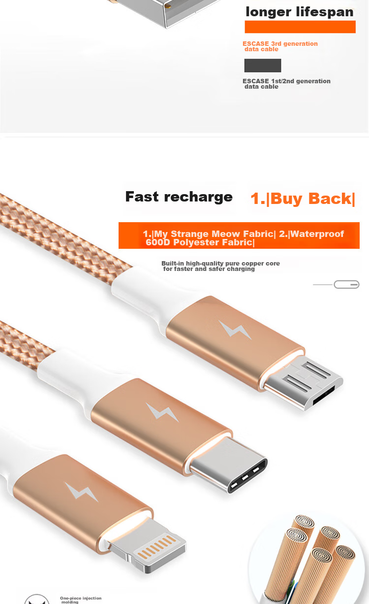 ESCASE Data Cable Three-In Type-C Apple 13 Android Phone Car Charger Cable, Fast Charging Compatible with Xiaomi, Multi-Functional Storage, 1.5 Meters, C12pro Black 5