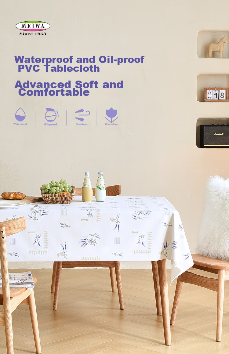 MEIWA Waterproof And Oil-Resistant Washable PVC Tablecloth, Fabric Table Cover, Dining Table Mat, Coffee Table Cloth, 135*135cm, Lavender 1