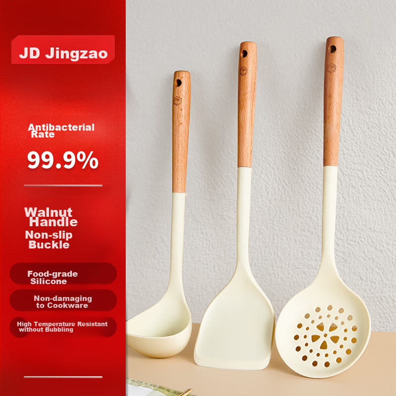 JD Original Spatula, Ladle, And Soup Spoon Set for Non-Stick Pans with Beech Wood Handles [Antibacterial Silicone] Three-Piece Spatula Set