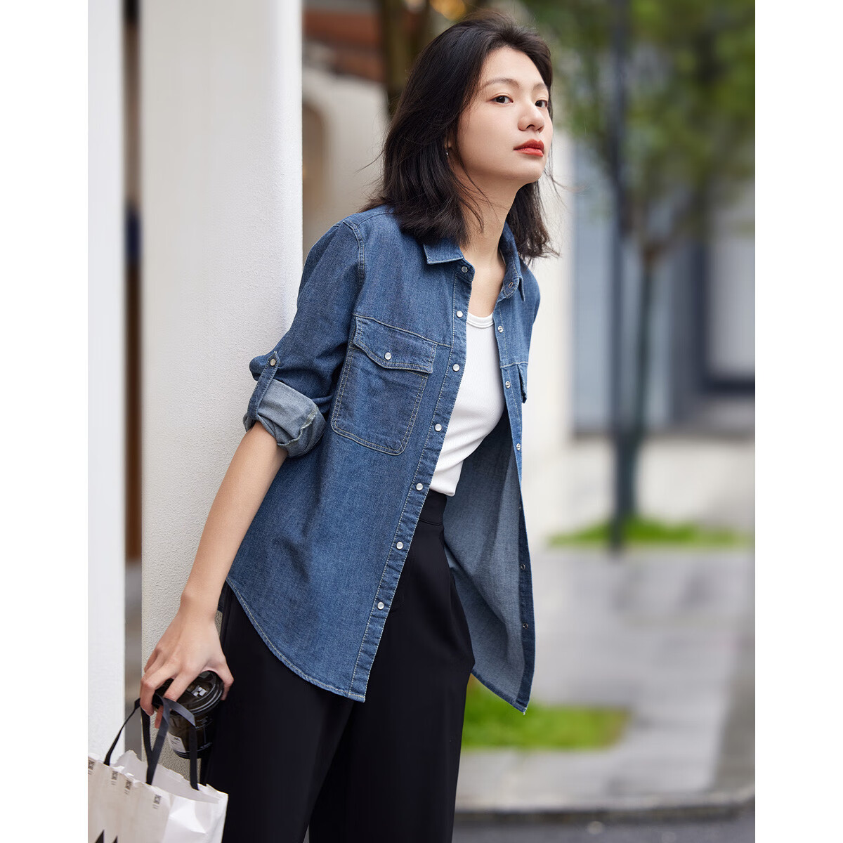 Dme Vintage Washed Color Spring And Autumn Women's Fashion High-End Denim Shirt Layered Base Top Blouse