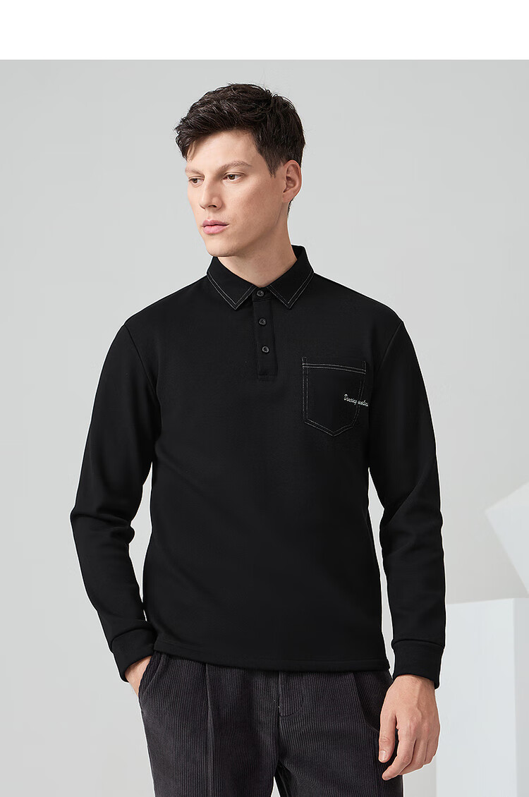 DANCING WOLVES [Fleece-Lined for Warmth] Autumn And Winter Fashionable Stitched Design Men's Long-Sleeve POLO Shirt, 001 Black, Size 175 11