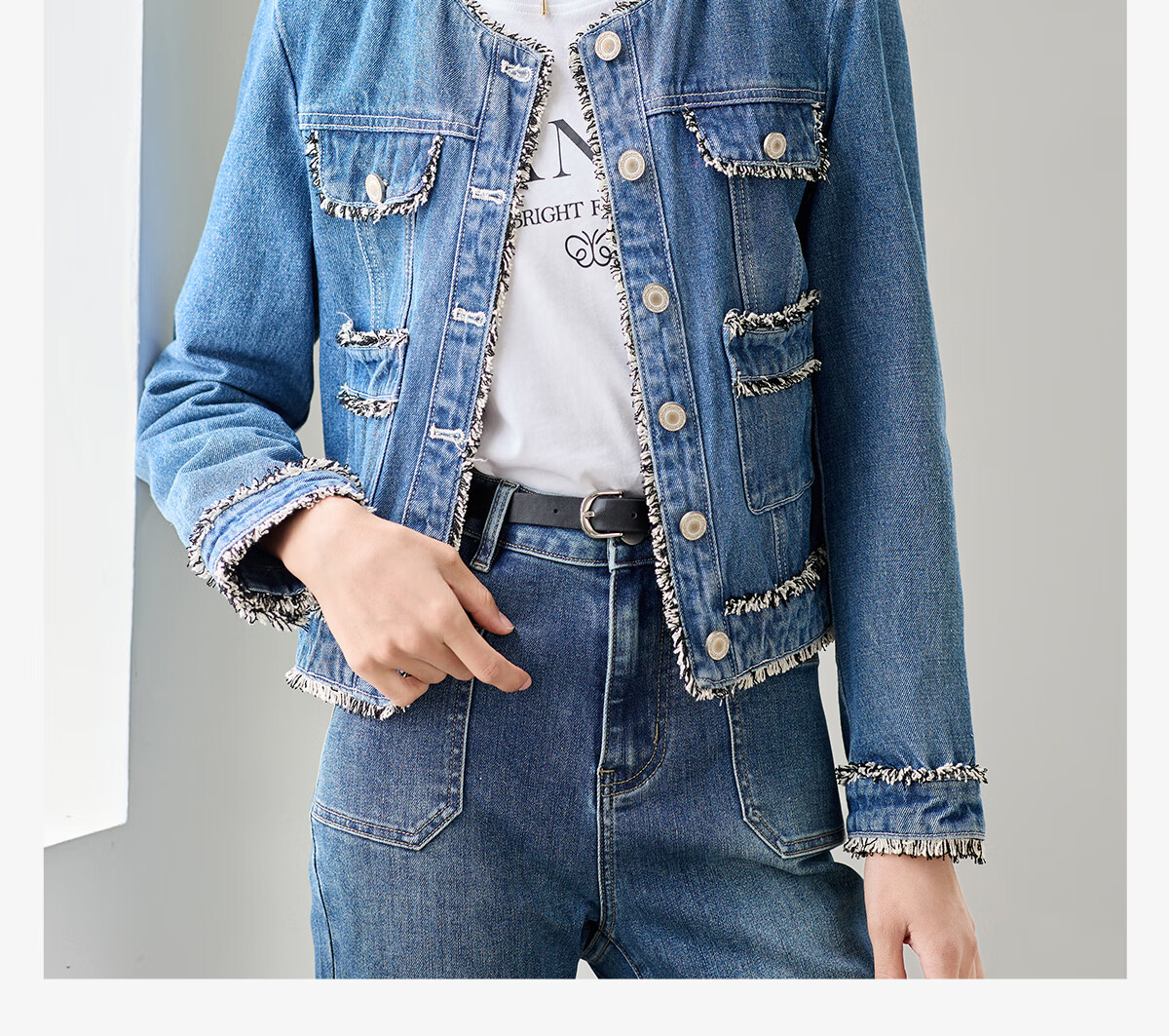 Chushen New Retro Style Women's Denim Jacket Straight Cut Frayed Edge Chanel Style Short Jacket S143U5003 1