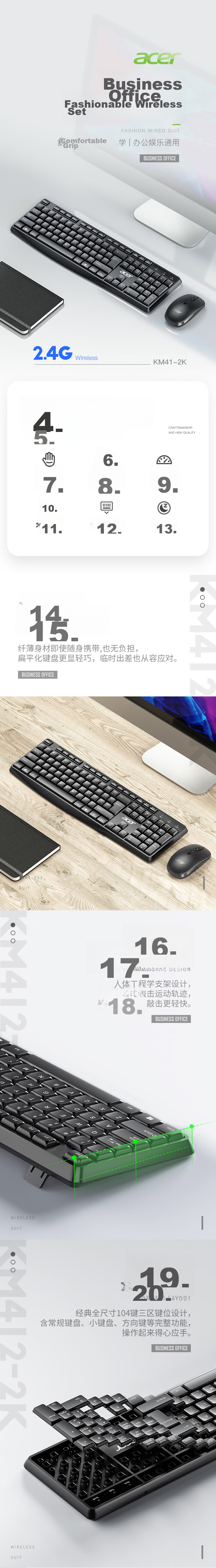 Acer Wireless Keyboard And Mouse Combo, Office Keyboard And Mouse Set, Splash-Resistant Computer Keyboard, Type-C Rechargeable Keyboard KM412 White 1