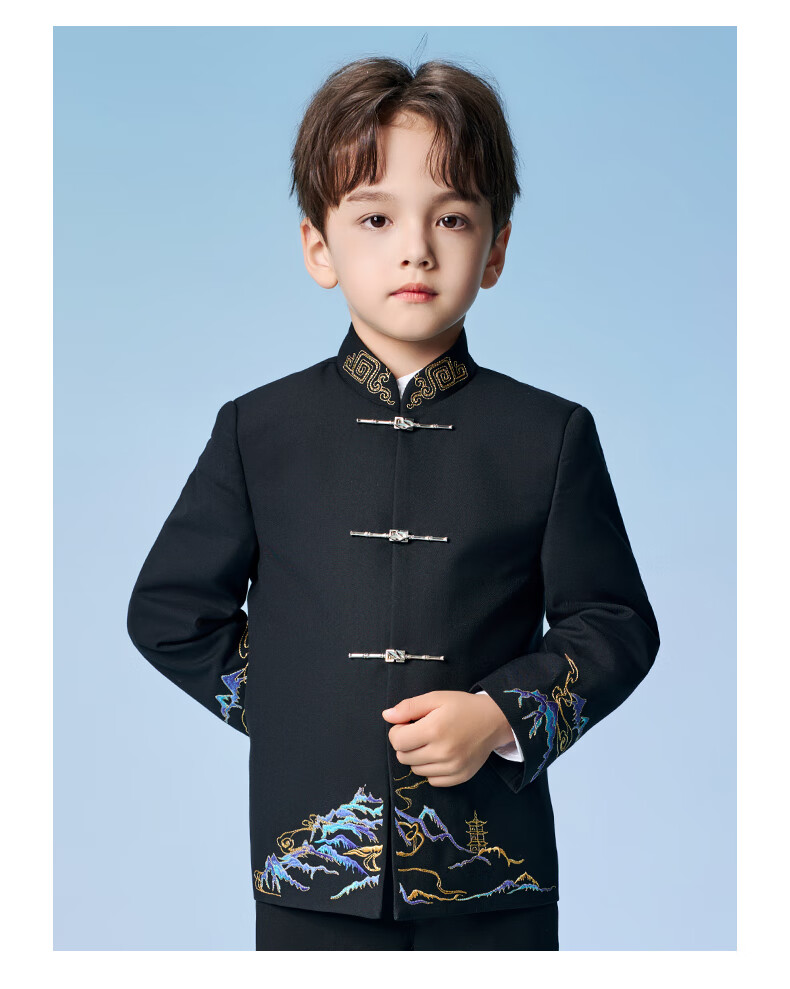 Romon Boys' Zhongshan Suit Set Traditional Chinese Style New Chinese Style Children's Host Performance Suit Black 170 2