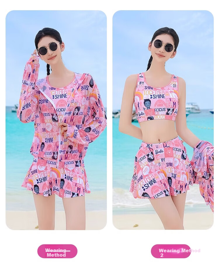 Barbie Women's Two-Piece Swimsuit, Plus Size, Slimming, Conservative, for Beach Vacation And Hot Springs, Casual Three-Piece Swimwear Set 5