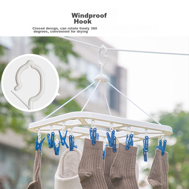 CHAHUA Clothes Hanger with Drying Clips, Sock And Underwear Rack (24 Clips), Hanging Rod, White Coffee Color