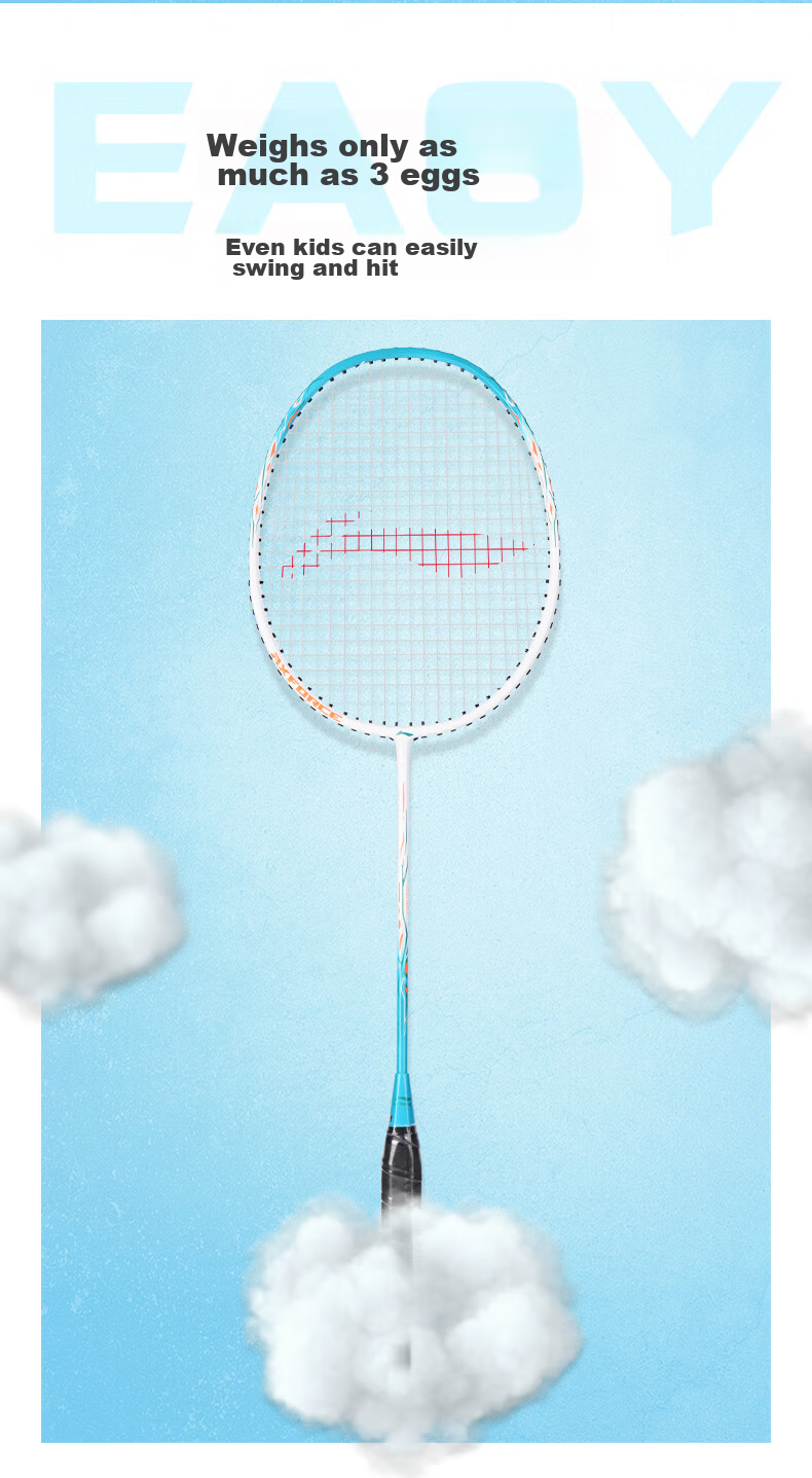 Li-Ning Badminton Racket, Single Racket, Carbon Composite Integrated Durable Badminton Racket, Leiting 9, Suitable for Children And Adults, White And Blue * 2