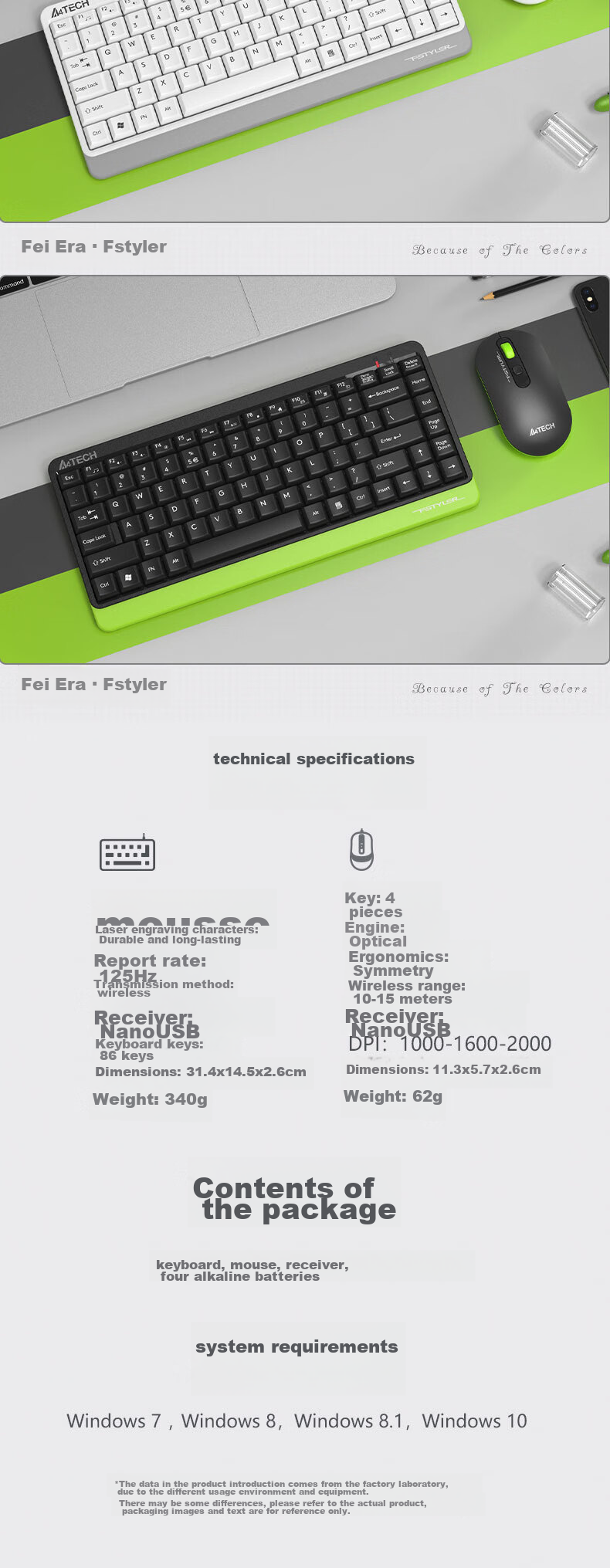 A4TECH FG1120 86-Key Wireless Keyboard And Mouse Combo Set Compact Wireless Keyboard And Mouse Set Small Size Portable Fly Era Fluorescent Green Wireless 8