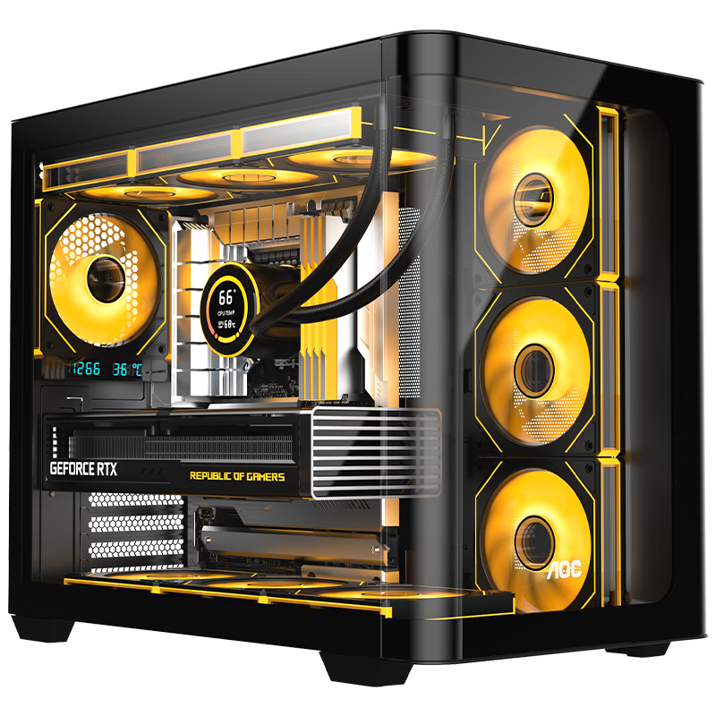 AOC Case CG453 Black ATX Curved Glass Desktop Gaming PC Case, Front Curved Glass/side Compartment/supports 360mm Water Cooling/10 Fan Positions