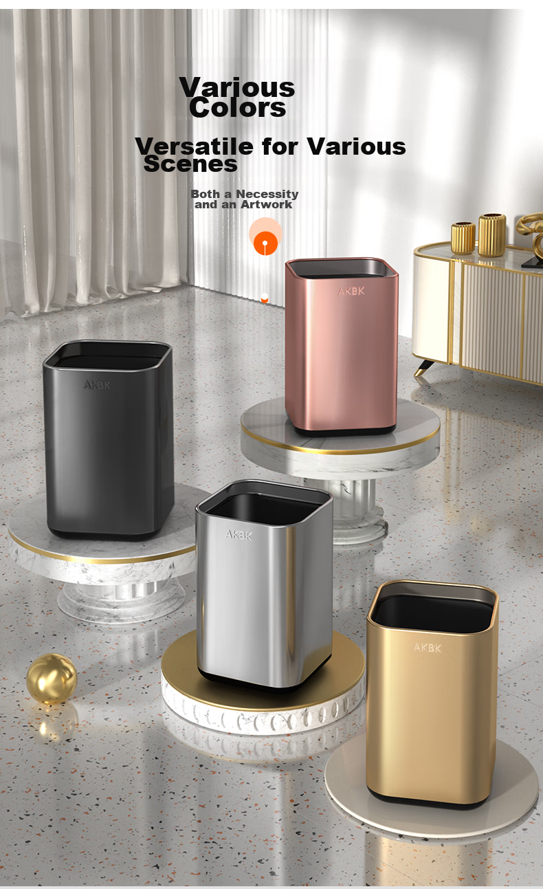 AKBK Stainless Steel Trash Can 15L Silver Large Square Bin for Living Room, Kitchen, Bathroom, Luxury Hotel, Office 6