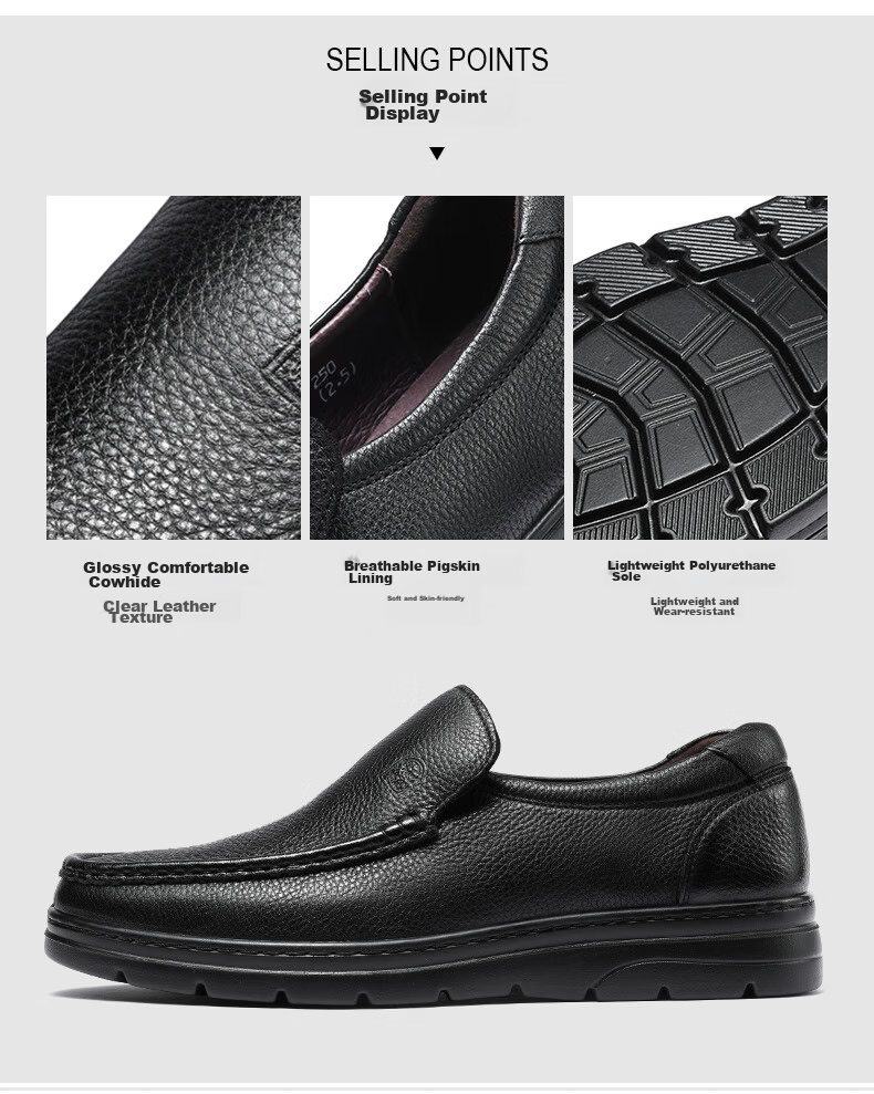 LAORENTOU Men's Leather Shoes, Cowhide Business Casual Shoes, Slip-On Loafers, Durable Single Shoes, Comfortable Men's Footwear, 87201760, Black, Size 43 4