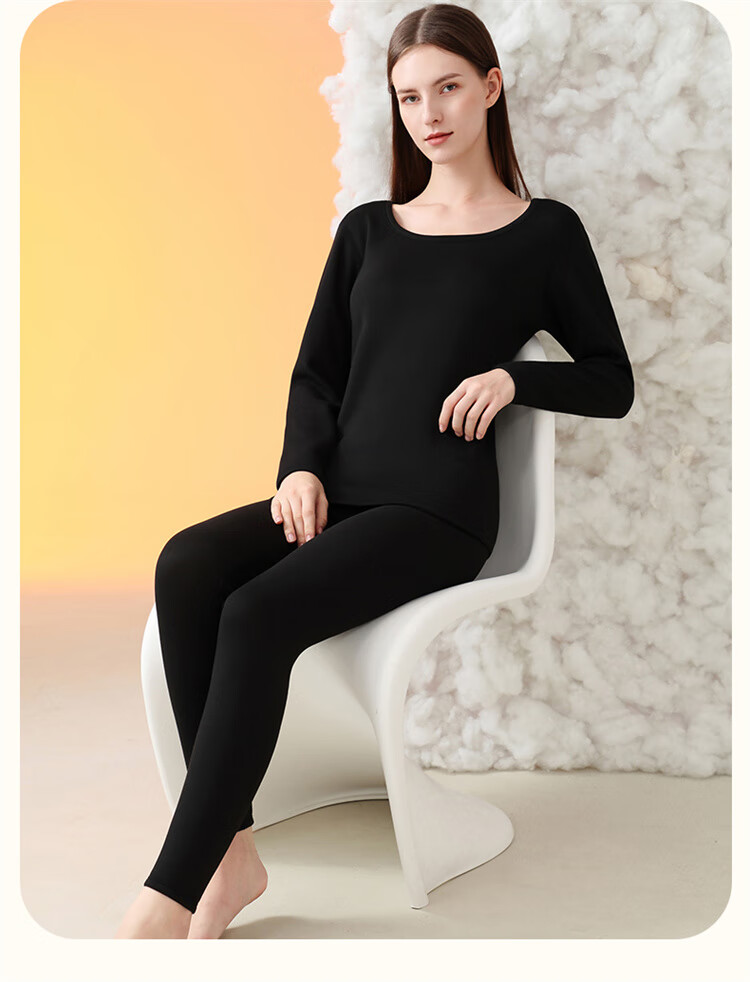 LangSha Lambswool Thermal Underwear for Women, Thickened Fleece-Lined Base Layer Top And Bottom Set for Autumn And Winter, Black 19