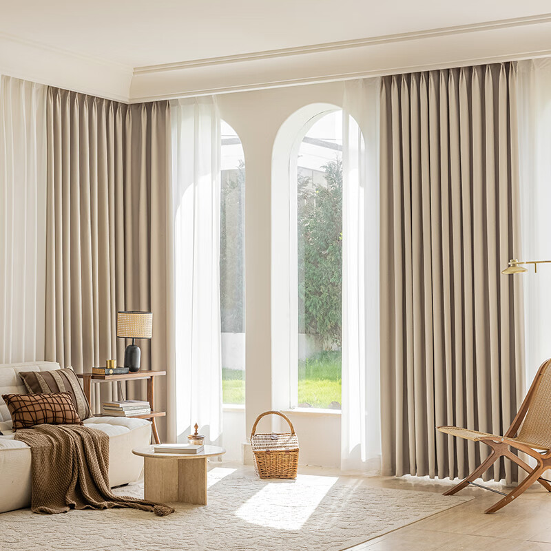 Ali Cotton Linen Milk Tea Color Curtains for Japanese-Style Living Room And Bedroom, High Blackout Heat Insulation Sun Protection with Hooks, 1.3m X 1.8m