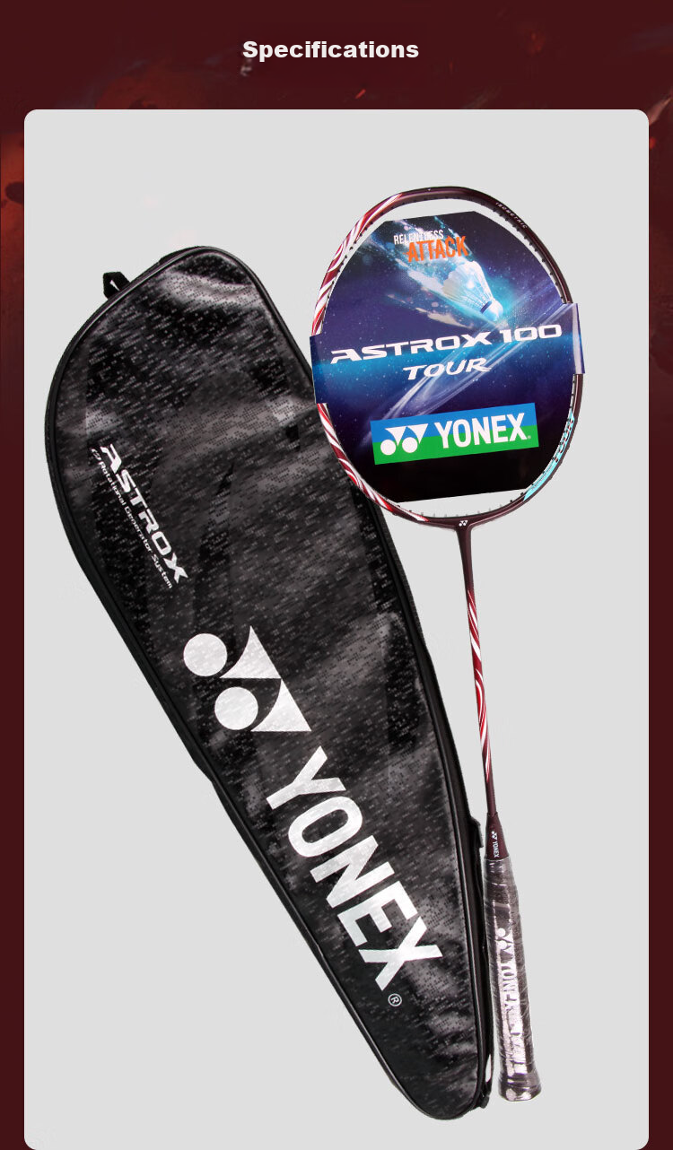 YONEX Badminton Racket, Full Carbon Fiber, Offensive Single Racket, Astrox AX100TOUR Red 4U5 Unstrung Racket with Grip Tape 5