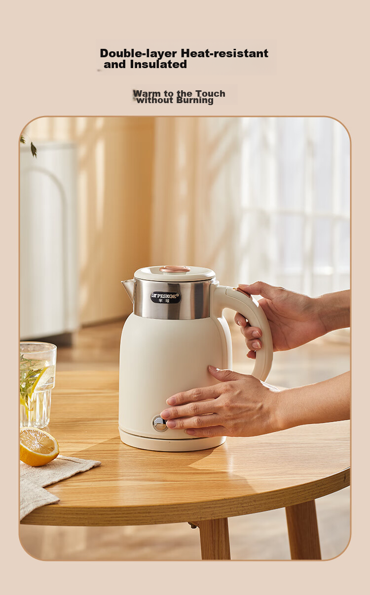 PESKOE Electric Kettle, Water Boiler, Hot Water Kettle, 1.5L Double-Layer Anti-Scalding Kettle, 304 Stainless Steel Hot Water Kettle, DF1515A-04, Gree 6