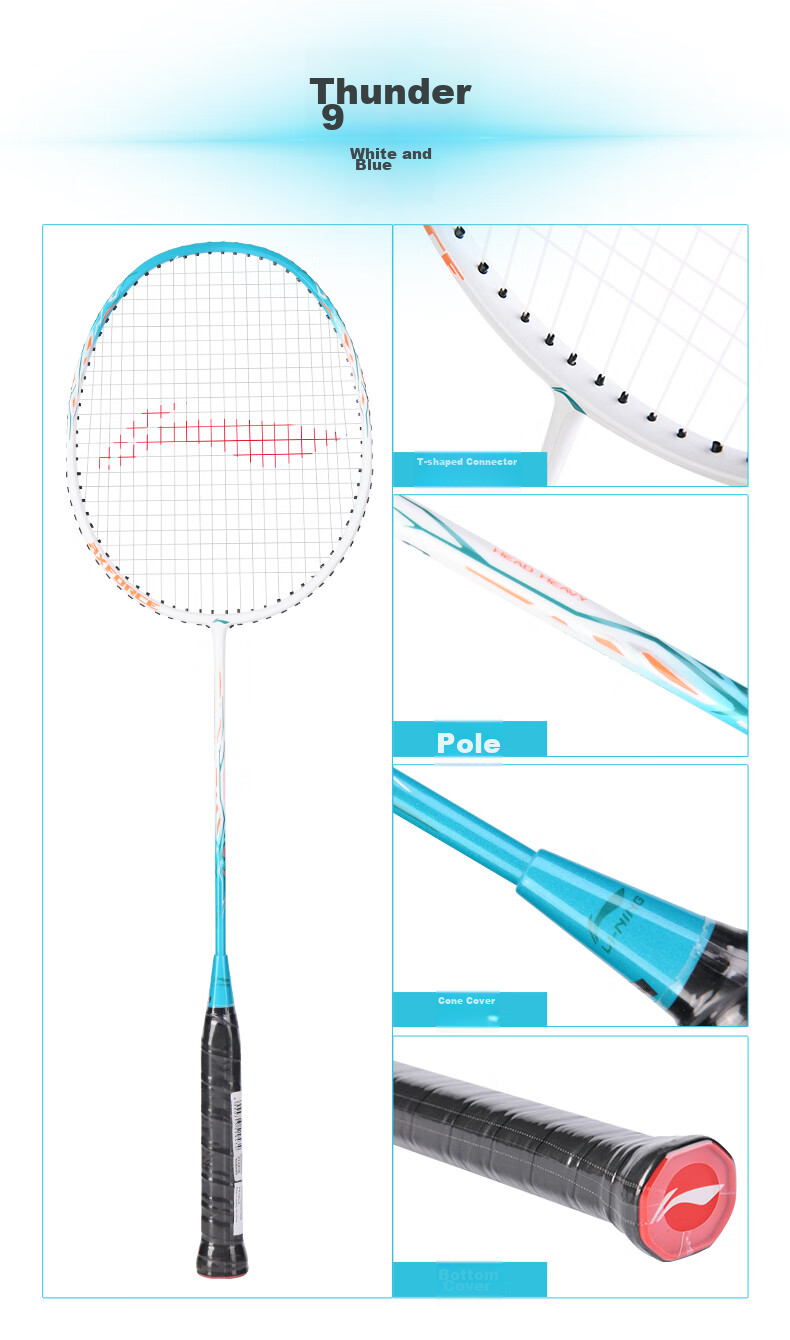 Li-Ning Badminton Racket, Single Racket, Carbon Composite Integrated Durable Badminton Racket, Leiting 9, Suitable for Children And Adults, White And Blue * 9