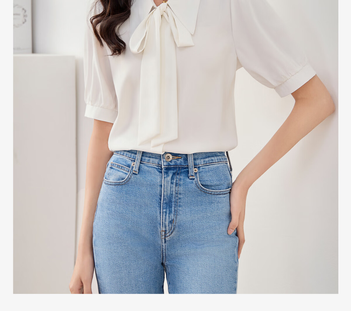 Chushen Long-Sleeve Shirt for Women, Elegant Lapel Design with Bow Tie, Casual White Blouse S13KC2990 Size M 1