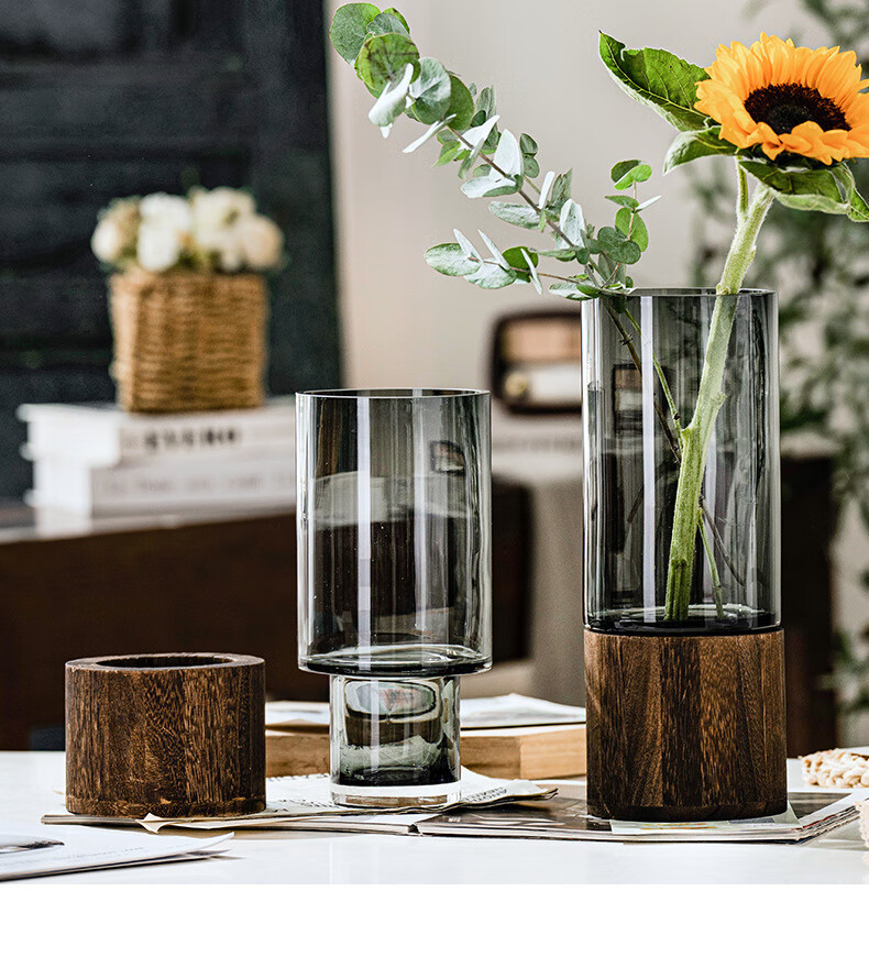 Mudingding Wooden Glass Art Vase, Nordic Light Luxury Minimalist Style, High-End Wooden Base, Water Planting Vase, Gift 1