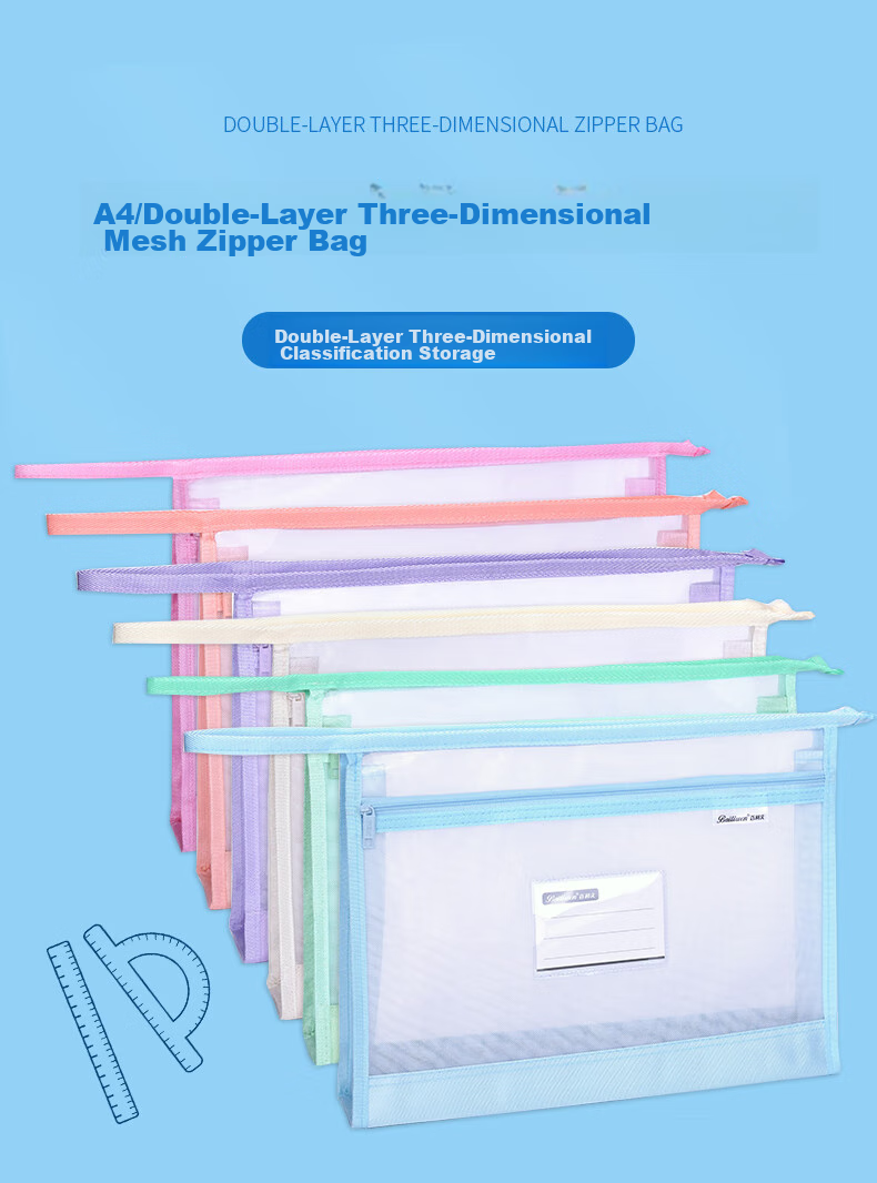 Bailiwen F6566 Green Double-Layer Mesh Zipper Bag A4 Student Subject Organizer, Subject Classification Pouch, Stationery Storage Bag, Exam Paper Holder, Book Homework Bag, Document Storage Pouch 1