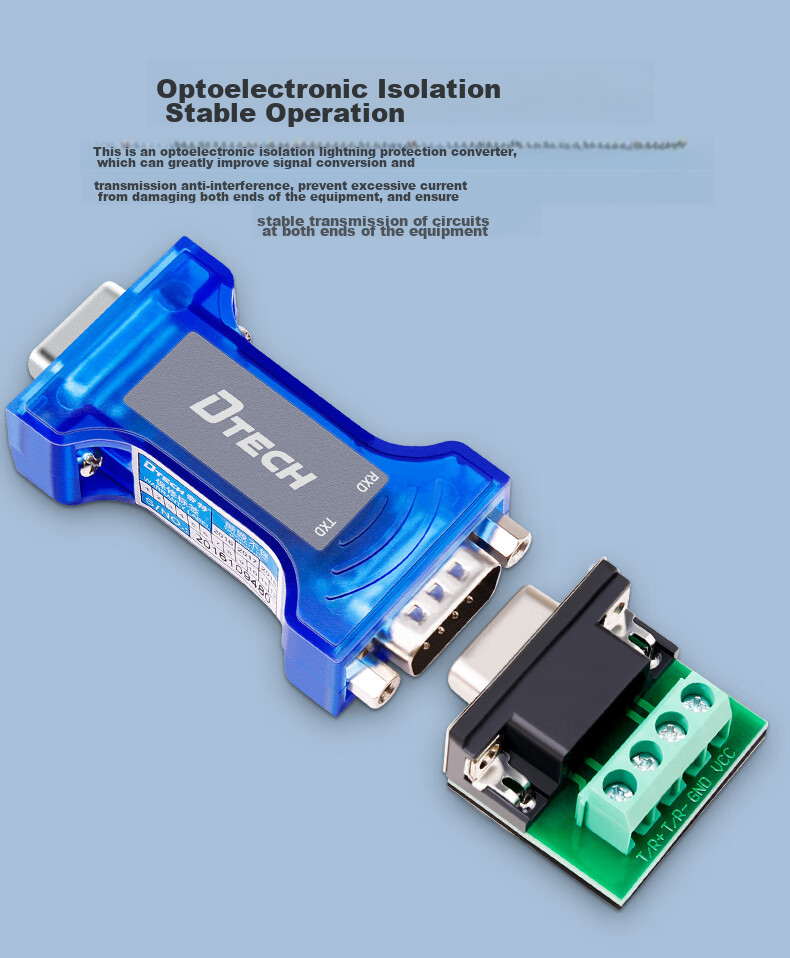 DTECH Passive RS232 to RS485 Converter, Optical Isolation Type, with Indicator Light, Industrial Grade, 9-Pin Serial Bidirectional Communication Protocol, Lightning Protection Converter, DT-9015 6