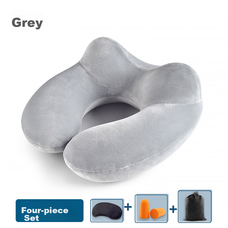 JAJALIN U-Shaped Inflatable Pillow, Neck Pillow, Cervical Pillow, Travel Set with Hump U-Shaped Pillow + Eye Mask + Earplugs, Gray