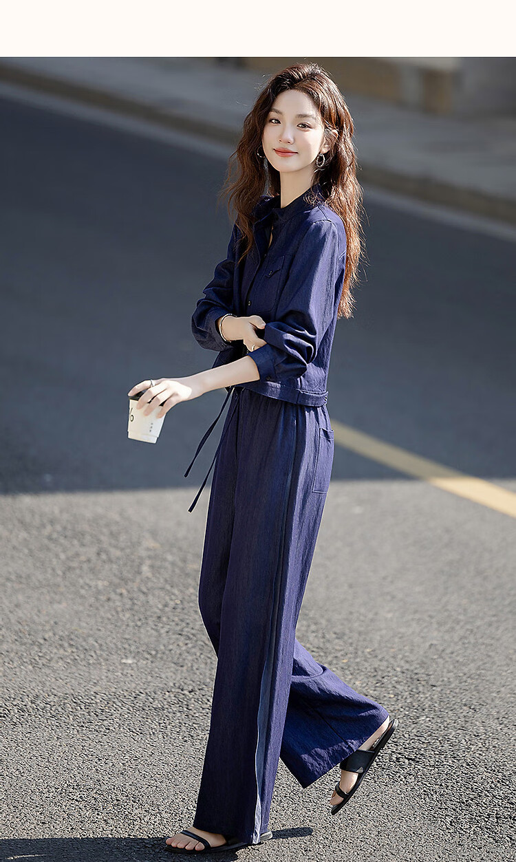Demana Hong Kong Style Denim Set Spring Vintage Relaxed Fit Crew Neck Top Elastic Waist Wide Leg Pants Women's Two-Piece Set 12