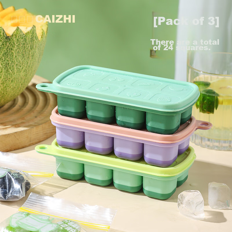 CAIZHI Ice Cube Mold, Baby Food Tray, Ice Cube Tray, Infant Silicone Freezer Mold, 3-Piece Set CZ6911