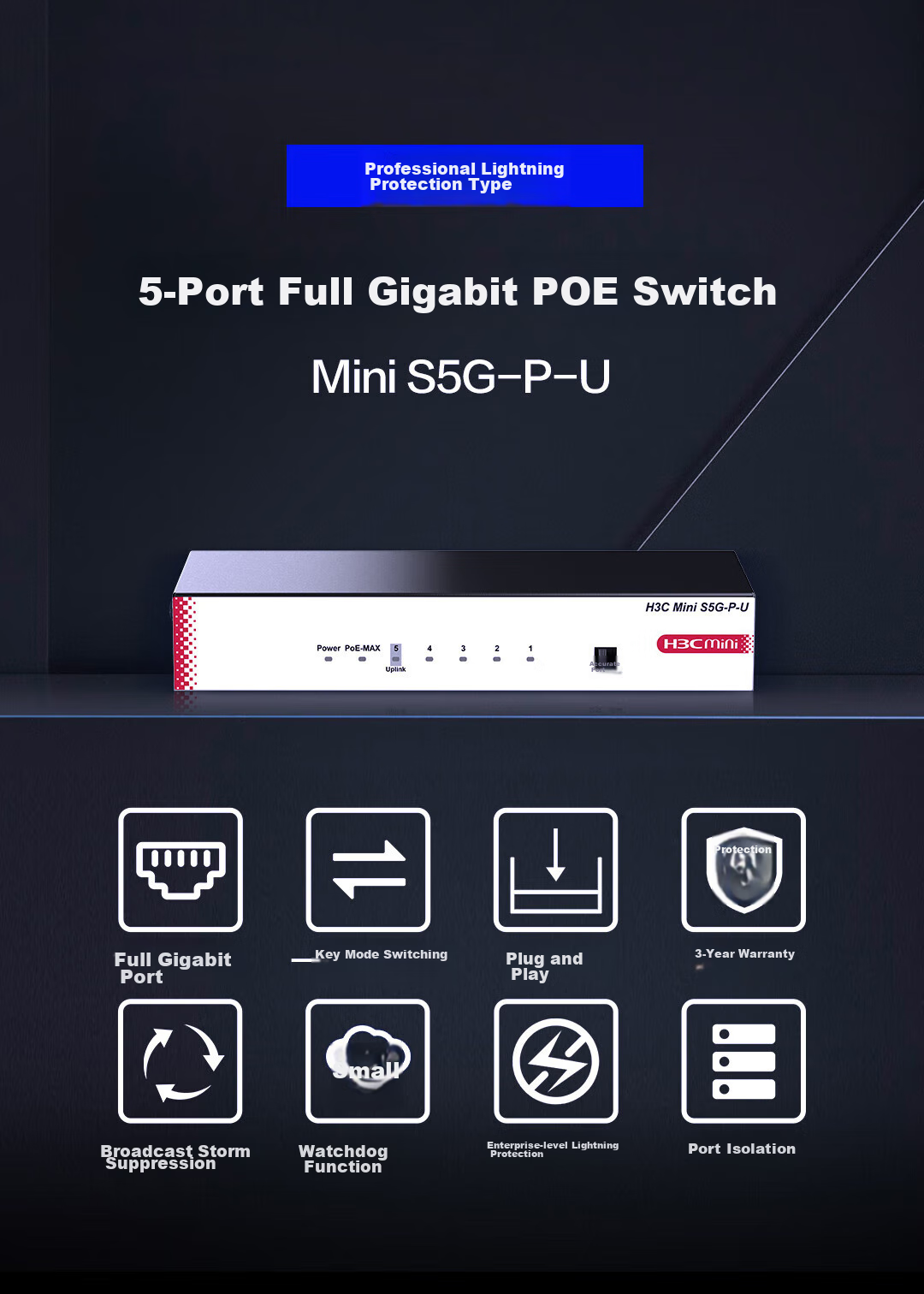 H3C 8-Port Gigabit POE Switch, Enterprise-Level Network Monitoring Splitter Diverter Hub, PoE Power Supply 125W S1208V-HPWR 1
