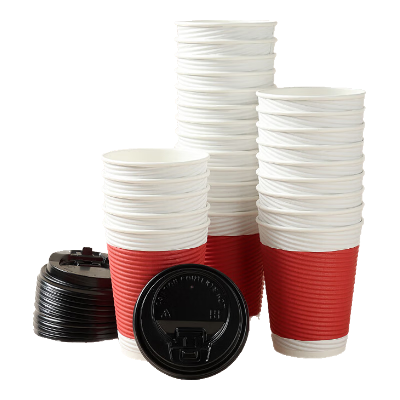Baijie Disposable Coffee Cups with Lids, Large Size, 30 Sets * 350ml, Double-Layer Corrugated Paper Cups for Hot Drinks And Milk Tea