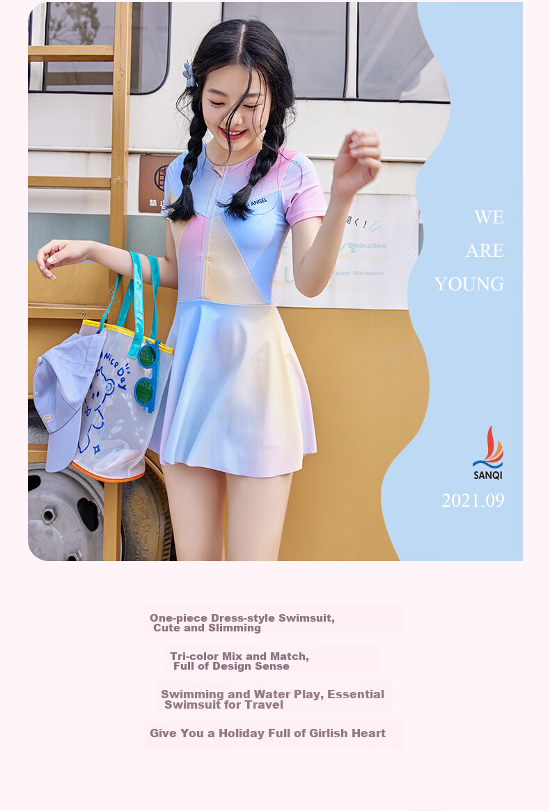 Sanqi One-Piece Swimsuit Dress for Women, Cute And Conservative New Style Swimwear for Middle School Girls, Suitable for Hot Springs And Swimming, Light Blue, Size M 3