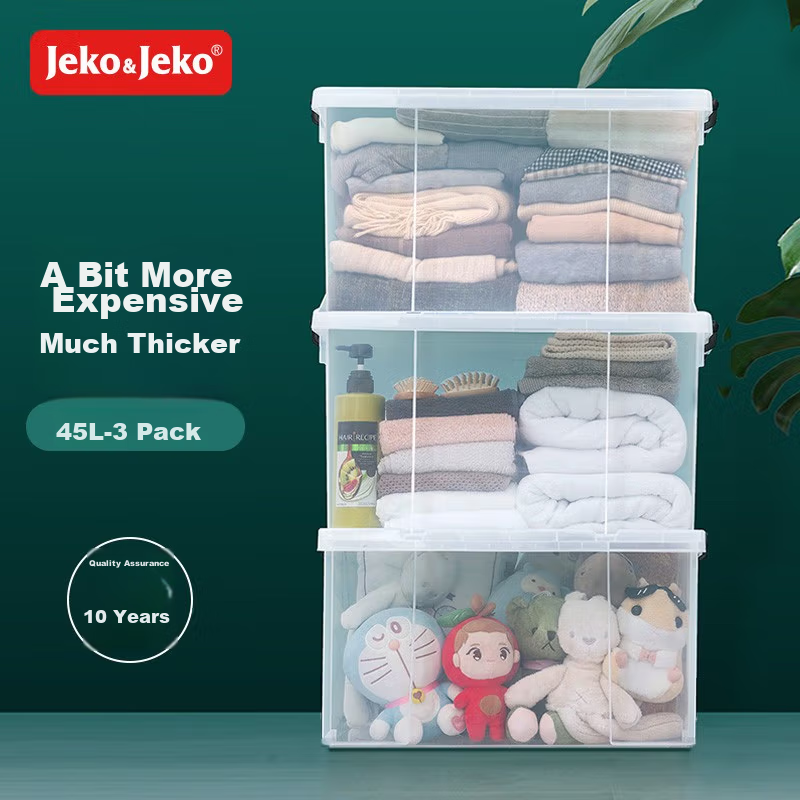 Набор из 3 прозрачных пластиковых коробок для хранения JEKO&JEKO, 45 л каждая, с прямыми углами, для игрушек, одежды, переезда