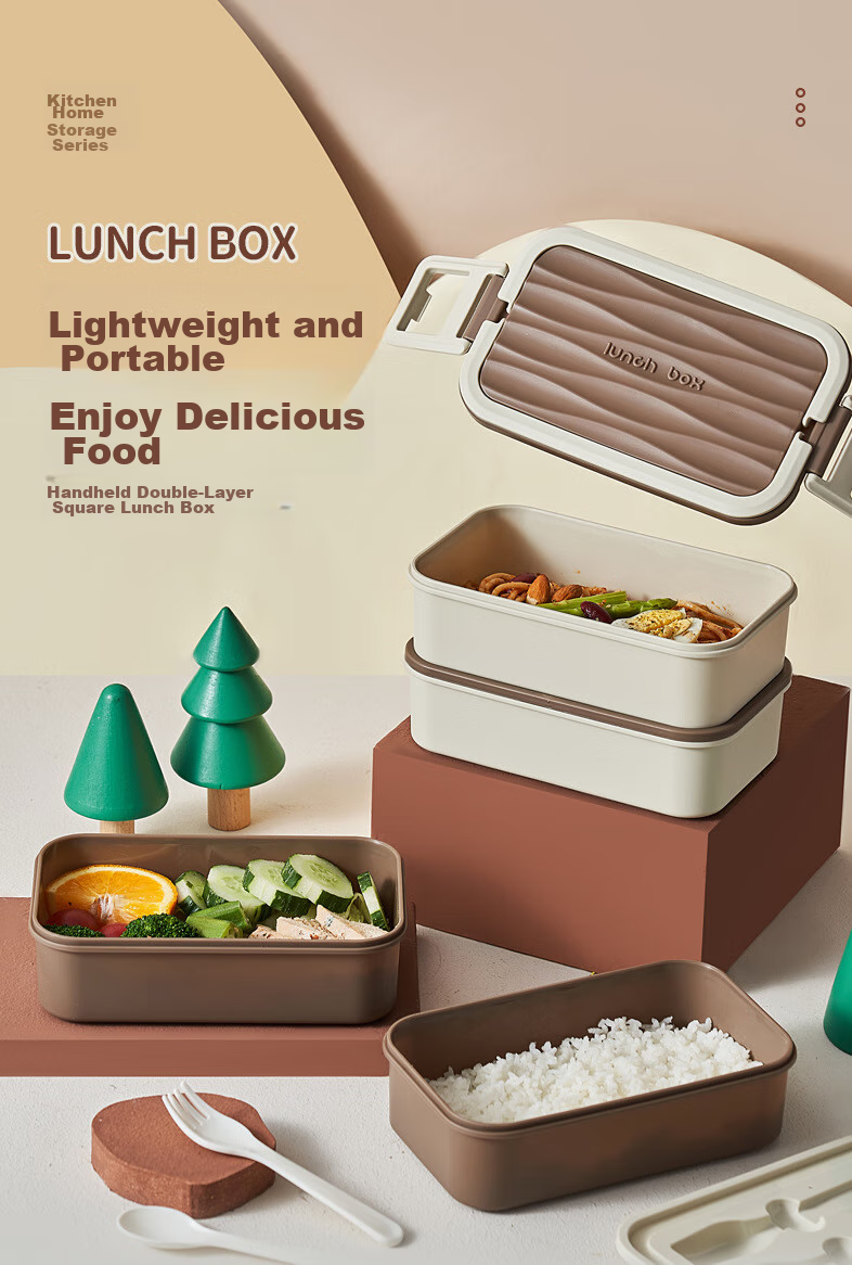 Canjiangjun Double-Layer Portable Lunch Box, Large Capacity, Microwave-Safe, Lunch Container with Forks And Spoons Included, 2L 1