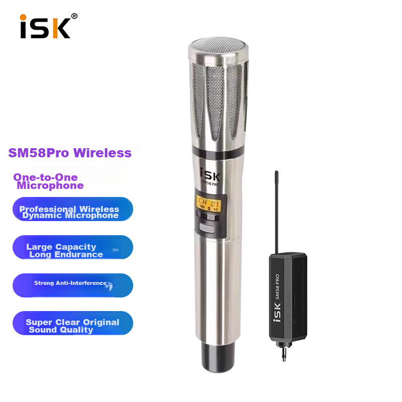 ISK SM58Pro Professional Wireless Dynamic Microphone with Sound Card Set for Singing, Shouting, Outdoor Performances, Live Streaming, Karaoke Recording Equipment Microphone Kit