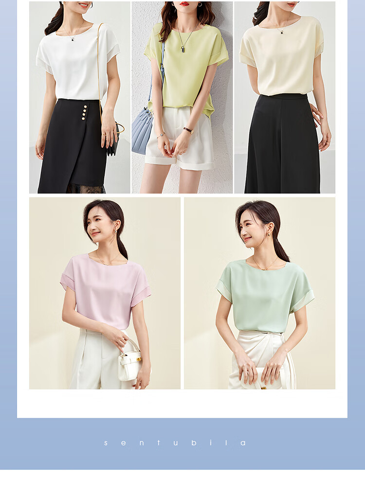 Sentubila Spliced Short-Sleeve Chiffon Blouse for Women, Slimming Tummy-Covering Top, Summer Lightweight Casual T-Shirt, Light Blue, S 3