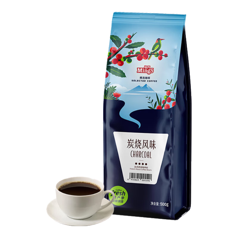 铭氏（Ming's）炭烧风味咖啡豆 磨粉 焦香浓郁 阿拉比卡研磨美式黑咖啡500g