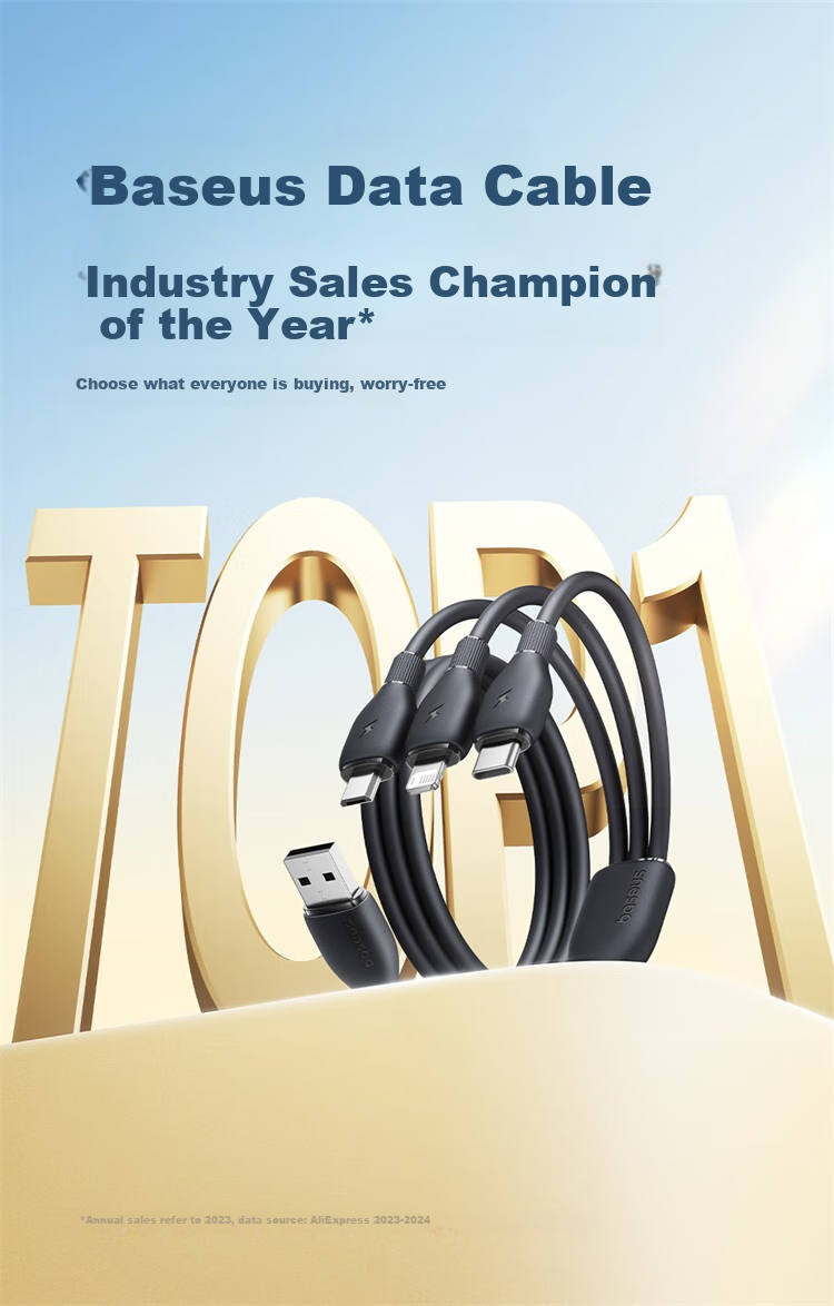 Baseus Apple 16/15 Charging Cable, Three-In Data Cable, Fast Charging 3.5A, Multi-Function Type-C Cable for Huawei Xiaomi Phones And Car Use, Moonlight White, 1.2 Meters 2