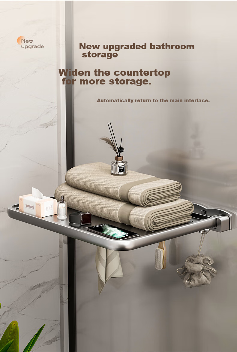 Huxiansen Bathroom Storage Rack, No Drilling Required, Foldable Towel And Bathrobe Holder, Wall-Mounted Organizer Shelf for Bathroom Storage 2